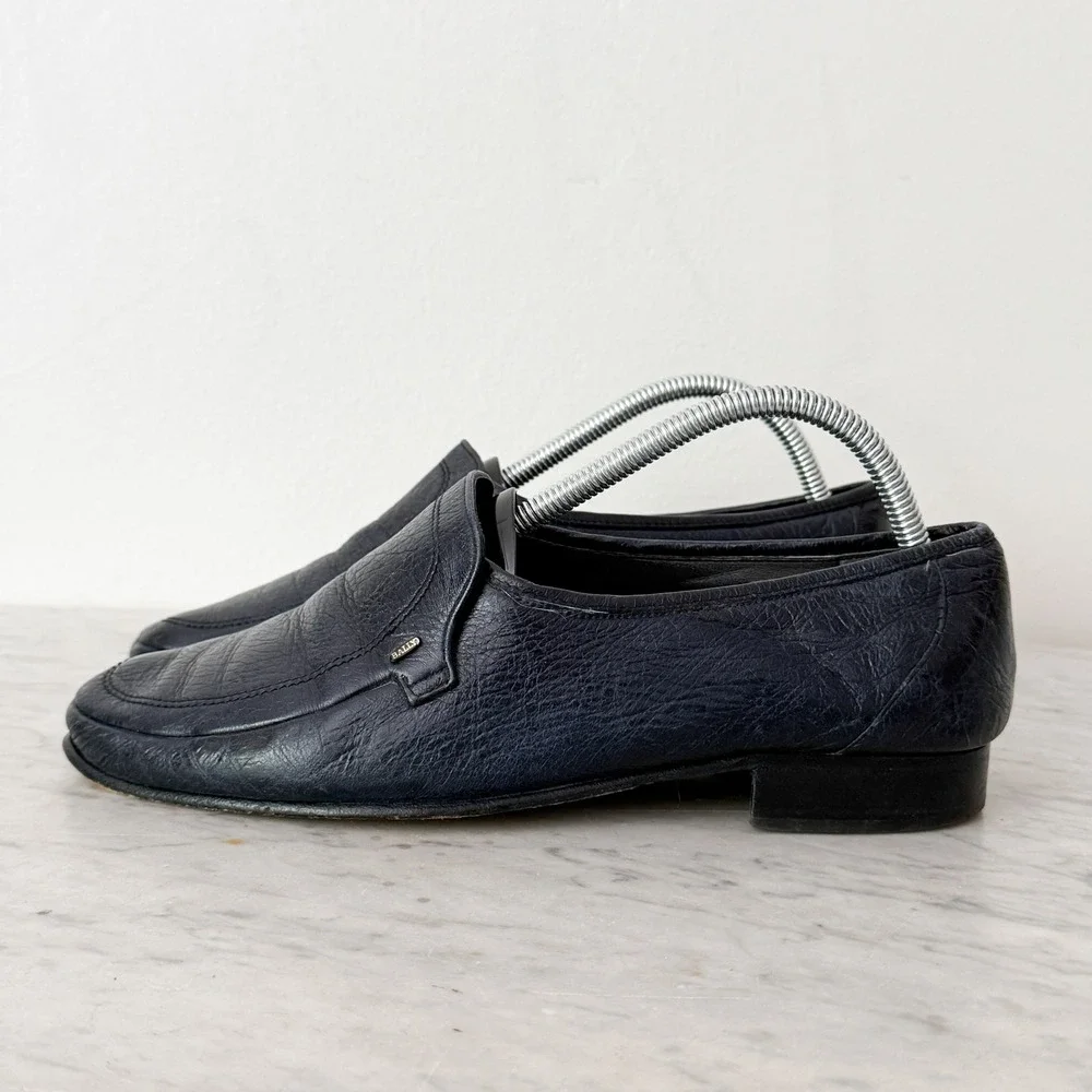 Vintage‎ Bally Caslano 1083 Loafers 8.5 Navy Blue Textured Leather Dress Shoes